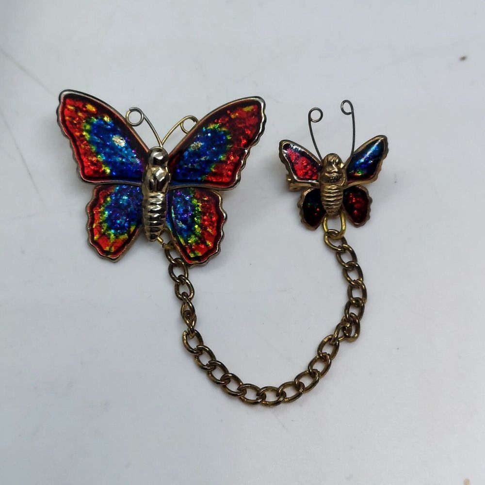 Vintage Foil Enamel‎ Double Butterfly Brooch Pin